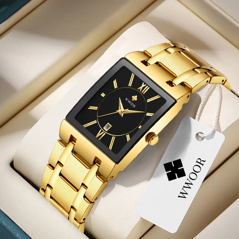 Wwoor-Relógio de pulso, quartzo, aço inoxidável, ouro, quadrado, à prova d'água, marca de luxo