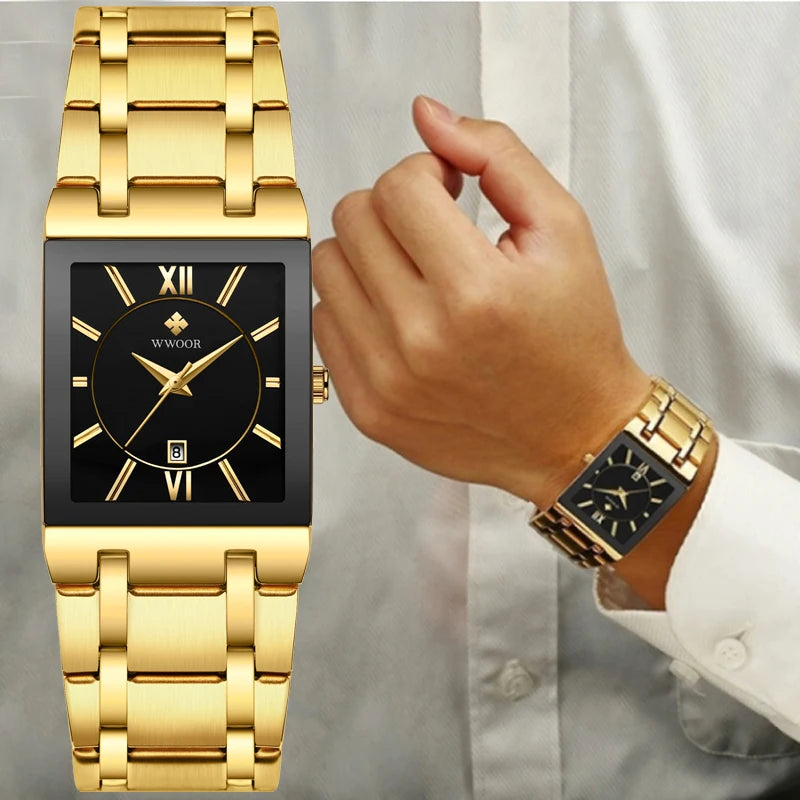 Wwoor-Relógio de pulso, quartzo, aço inoxidável, ouro, quadrado, à prova d'água, marca de luxo
